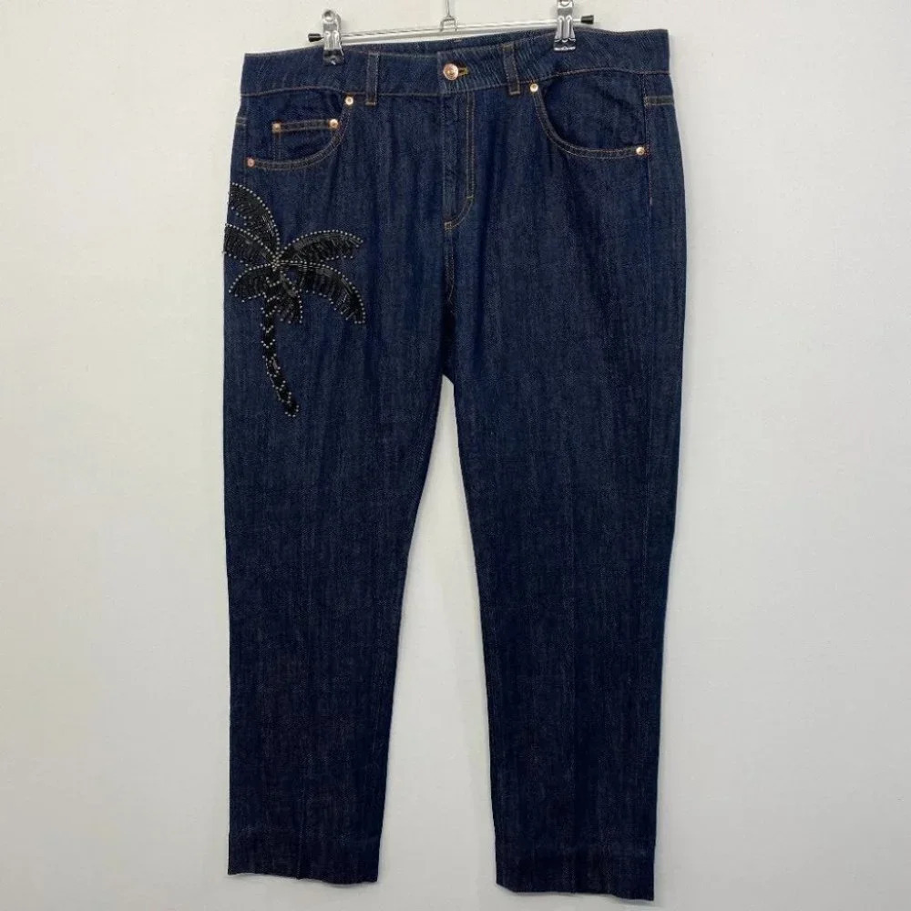 Escada Sport Sexy Boyfriend Palm Tree Beaded‎ Embellished Blue Jeans 40/10
